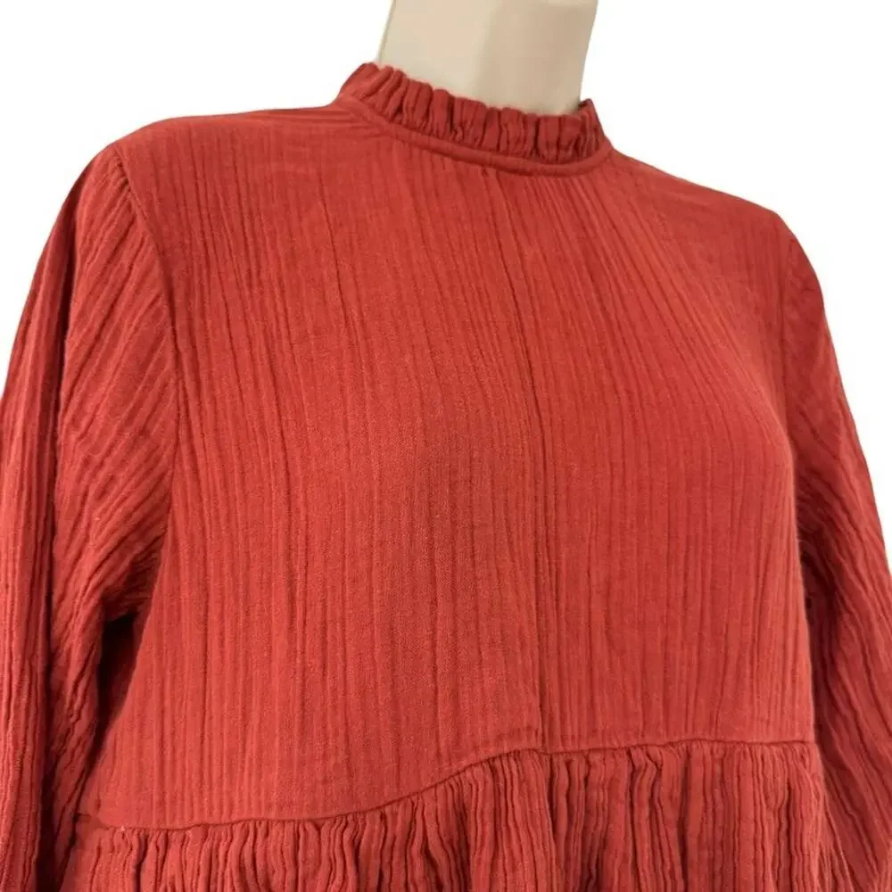 Free People Mini Oversized 3/4 Sleeve Gauze Dress Dark Orange 100% Cotton sz XS